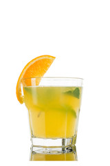 Cocktail. Orange juice, mint and ice decorated with orange. Isolated on white background.