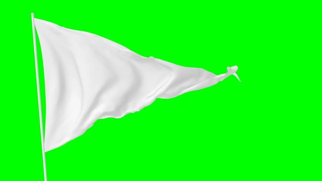 White triangular blank plain flag on flagpole flying and waving in the wind, surrender flag, 3D animation with green screen