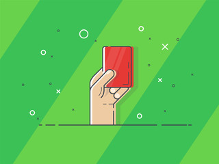 Red card in hand. Referee hand holding red card. Trendy flat vector on green background.