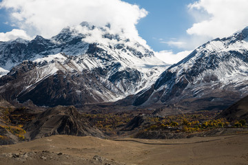 Landscape in the Mustang region, Nepal. Thorong La RangeView from a place near Kagbeni village at...