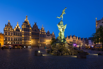 Famous fountain with Statue of Brabo in Grote Markt square in Antwerpen, Belgium.