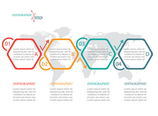 Vector flat infographic elements with 4 options and world map. Template for diagram, graph, presentation. Business concept with four parts, steps or processes.