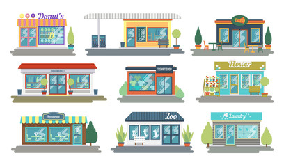 Set of vector flat design restaurants and shops facade icons. Includes shop of donuts and sweets, clothing store, flower shop, fueling, Laundry and other
