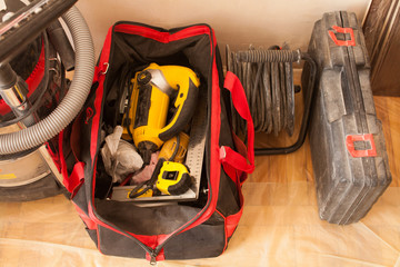 Vacuum cleaner for cleaning large. High power Machine for industry, floor buffing machine, construction vacuum cleaner. bag with tools