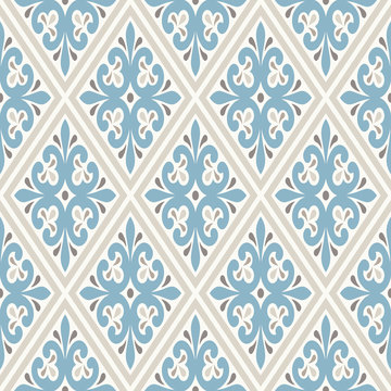 Vintage wallpaper. Modern geometric pattern, inspired by old wallpapers. Nice retro colors - grey beige and calm blue.