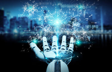 White humanoid hand using digital globe hud interface 3D rendering