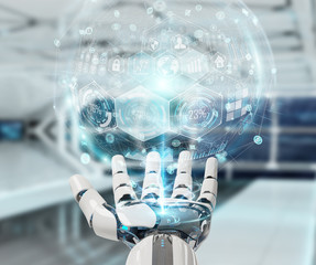 White cyborg hand using digital chart interface 3D rendering