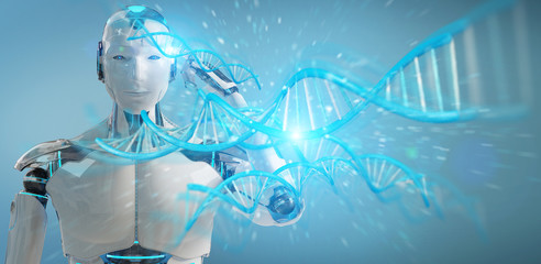 White male cyborg scanning human DNA 3D rendering