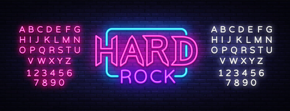 Hard Rock Neon Sign Vector Illustration. Design template neon signboard on Rock Music, Light banner, Bright Night Advertising. Vector. Editing text neon sign