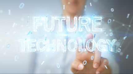 Businesswoman using future technology text interface 3D rendering