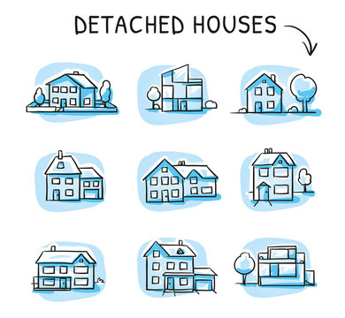 Set of three different houses, detached, single family houses with gardens. Hand drawn cartoon sketch vector illustration, blue marker style coloring. 