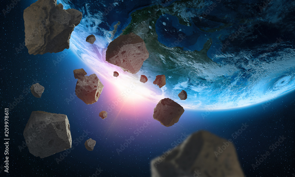 Poster Asteroids near the planet Earth. A view of the globe from space. Elements of this image are furnished by NASA