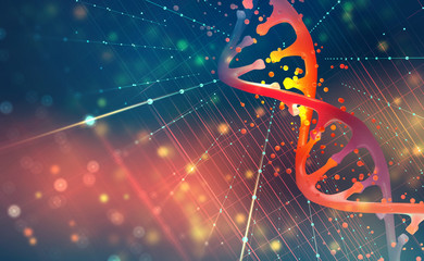DNA helix. Hi Tech technology in the field of genetic engineering. 3D illustration on a futuristic background - obrazy, fototapety, plakaty