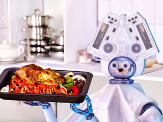 Robot domestic assistance cook chicken at kitchen and deliver food . Artificial intelligence help people with housework cooked to diners.