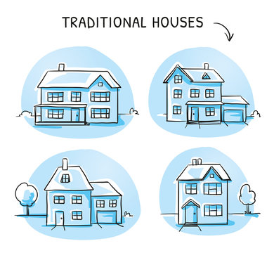 DruckSet of 3 different colorful houses, detached, single family houses with gardens and garage. Hand drawn cartoon sketch vector illustration, marker style coloring. 