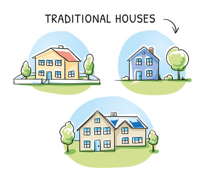 Set of 3 different colorful houses, detached, single family houses with gardens. Hand drawn cartoon sketch vector illustration, marker style coloring. 