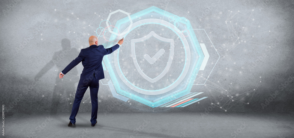 Poster man holding a shield web security concept 3d rendering