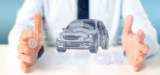 Man holding a Dashboard smartcar interface dashboard 3d rendering