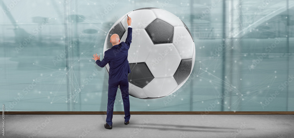 Poster man holding a football ball and connection isolated 3d rendering