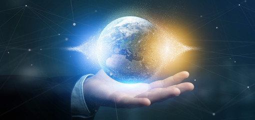 Businessman holding a 3d rendering particles earth globe