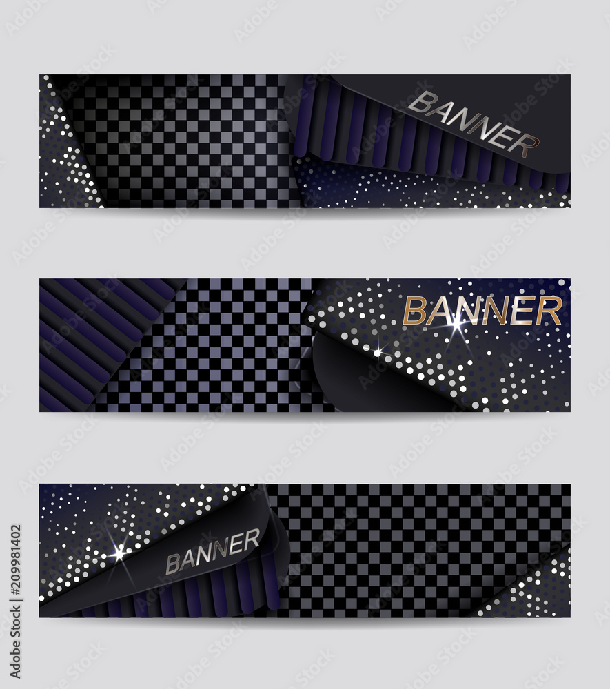 Poster abstract 3d set of banners with black paper layers. vector geometric illustration of carbon cut shap