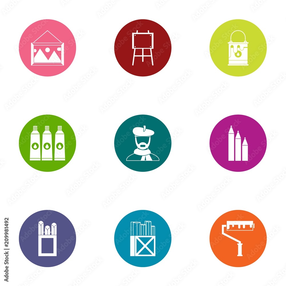 Poster working with color icons set. flat set of 9 home kitchen set vector icons for web isolated on white 