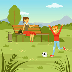 Obraz na płótnie Canvas Little boy playing with ball on the lawn, his mom sitting on the bench on nature background, family leisure flat vector illustration