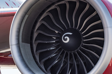 Close up engine of red Boeing 777