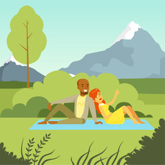 Happy couple lying on the lawn in the park enjoying relax on nature background, flat vector illustration