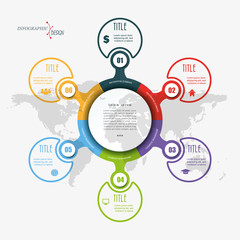 Vector infographic elements with 6 options and world map. Flat Template for diagram, graph, presentation. Business concept with six parts, steps or processes.