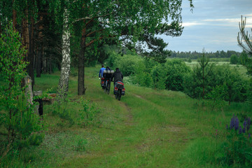 Fototapeta premium Bicyclists on the country road in village in the evening