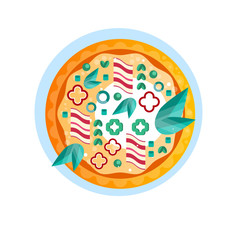Whole hot delicious pizza with ham, pepper, onion, and basil leaves vector Illustration on a white background