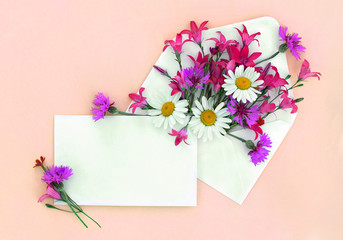 Beautiful flowers chamomiles, unusual red bellflowers, pink cornflowers in postal envelope and blank sheet with space for text on a peach paper background. Top view, flat lay