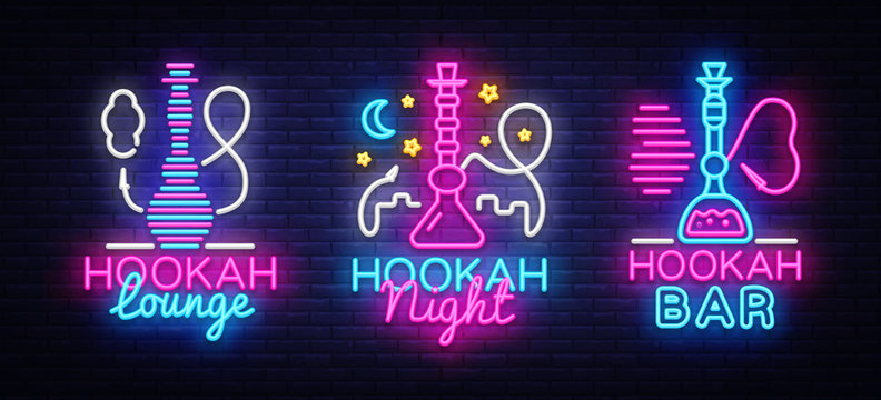 Hookah neon signs collection vector. Night Hookah Design Template, Light Banner, Night Bright Advertising, Bright Signboard, Design Element Hookah Emblem, Nightlife. Vector illustration
