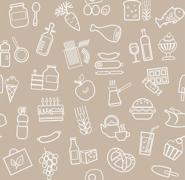 Food, Seamless Pattern, Gray, Contour, Grocery, Vector. Food And Drinks, Production And Sale. Vector Background. White Line Icons On A Gray-brown Field.  