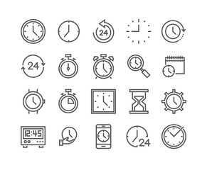 Editable simple line stroke vector icon set,Contains such Icons as Timer, Speed, Alarm, Restore, Time Management, Calendar, smartwatch, hourglass and more..48x48 Pixel Perfect.