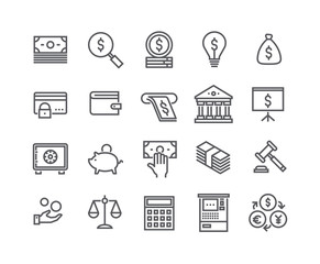 Editable simple line stroke vector icon set,Finance related icon collection,Taxes, Money Management,Stock Exchange,Banking services and more.48x48 Pixel Perfect.
