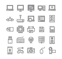 Editable simple line stroke vector icon set,Tech computer and various device laptops, routers, voice secretaries, cameras and more..48x48 Pixel Perfect.