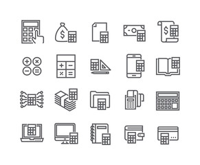 Editable simple line stroke vector icon set,Calculation related icons collection, banking, receipts, engineering calculators and more.48x48 Pixel Perfect.
