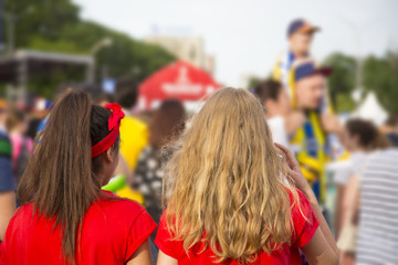 Football fan on a blurred background other fans