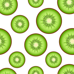 Seamless background with green kiwi slices on white.