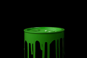Green paint flowing over the wall of metal bucket
