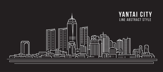 Obraz premium Cityscape Building Line art Vector Illustration design - Yantai city
