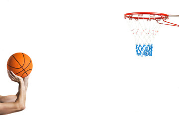 isolated on white shooting at the basket / portrait of the arms of a basketball player intent on shooting the basket