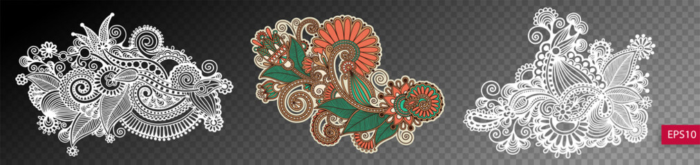 set of three paisley flower design isolated on a transparent bac