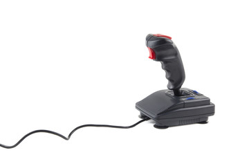 isolated in white black joystick with red buttons / isolated portrait of a vintage joystick with cable