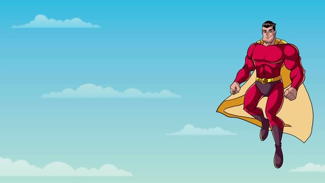 Superhero Flying in Sky / Animation of happy cartoon superhero wearing cape and red costume while flying in the sky.
