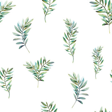 Greenery seamless pattern. Watercolor various branches with leaves on white background. Hand drawn natural wallpaper design
