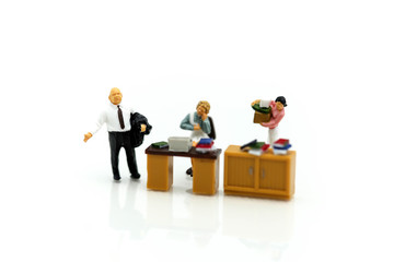 Miniature people : team leader and business owner leading informal in-house business meeting,Business and entrepreneurship concept.