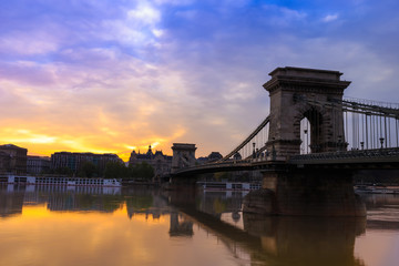 View of Budapest Chain Bridge in the morning with sunrise, Budapest, Hungary